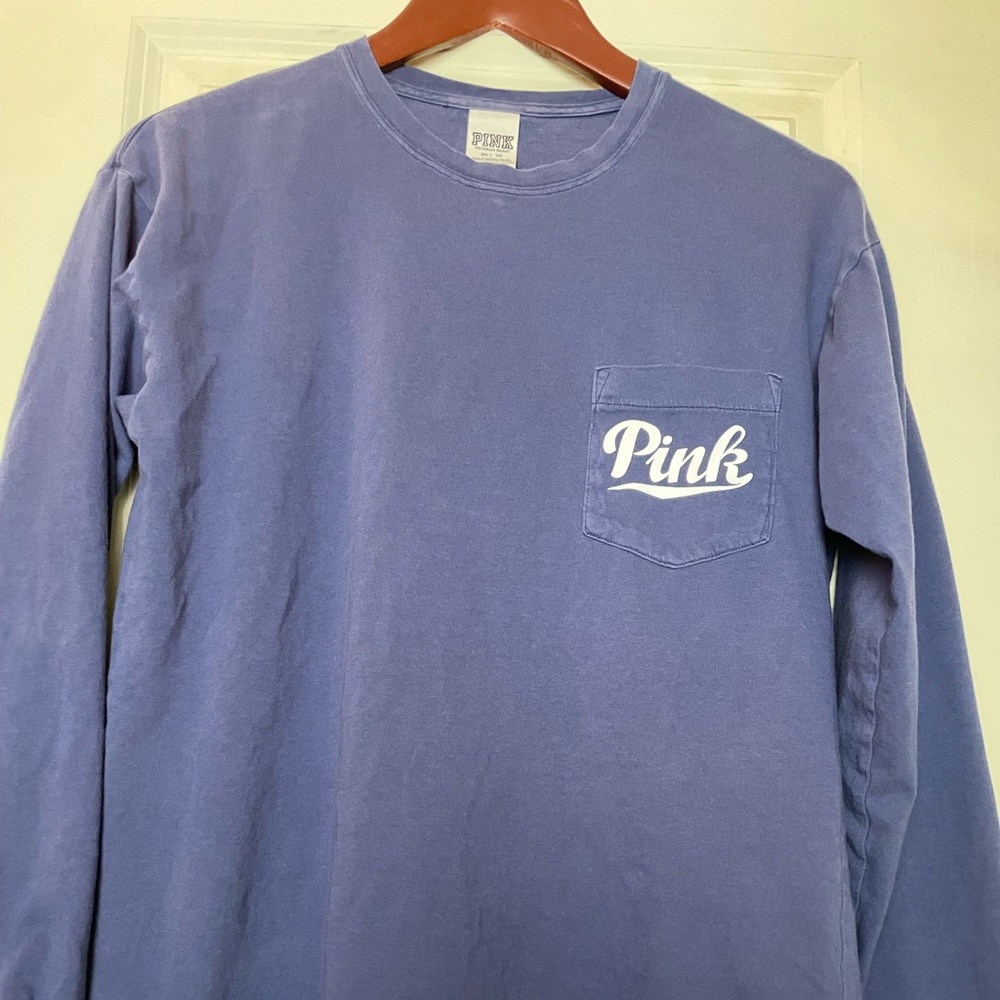 VS PINK Navy Long Sleeve Logo Campus Tee XS